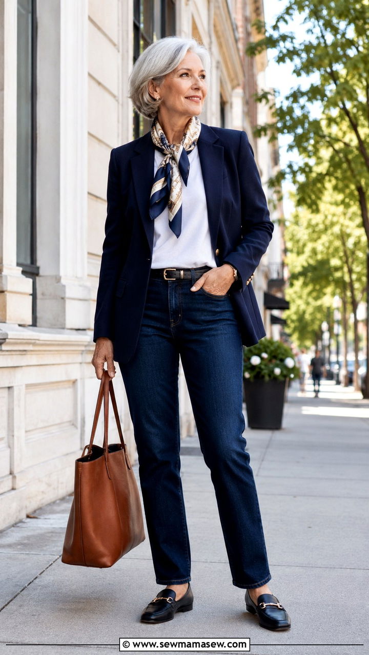 Navy Blazer with Dark Jeans and Loafers - 25 Weekend outfit ideas for women over 60