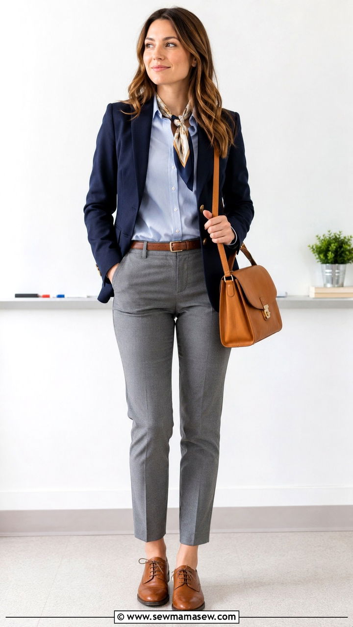 Navy Blazer with Gray Trousers and Oxford Shoes - 30 Spring outfit ideas for teacher