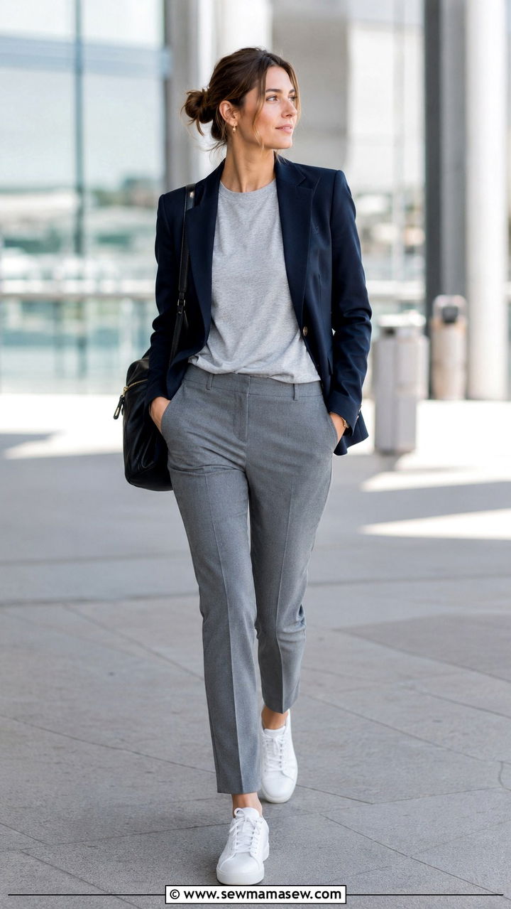 Navy Blazer with Gray Trousers and White Leather Sneakers - 25 Old money outfit ideas affordable