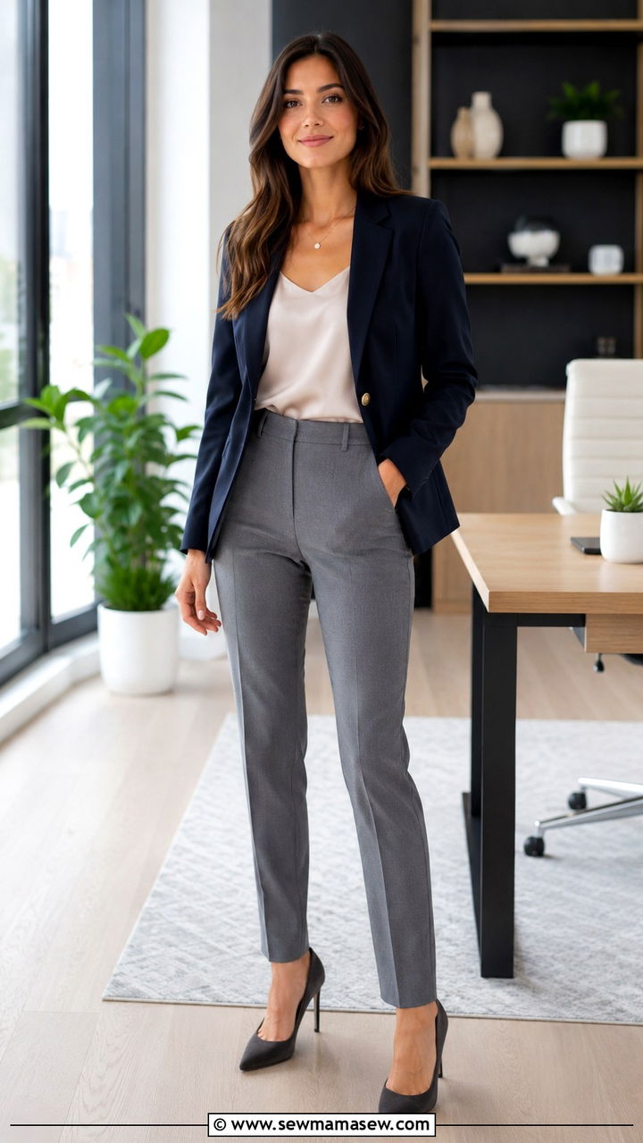 Navy Blazer with Grey Tailored Trousers Outfit - 30 navy outfit ideas for women