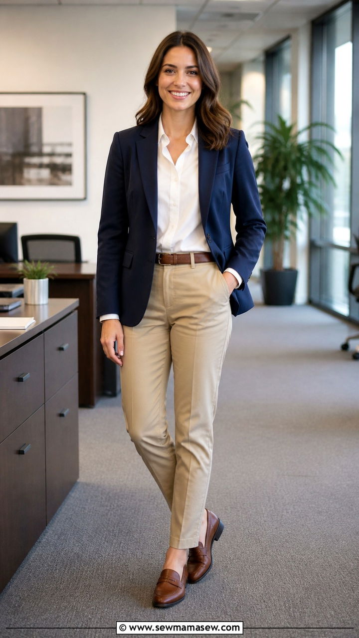 Navy Blazer with Khaki Chinos and Brown Loafers - 40 Business casual outfit ideas for women