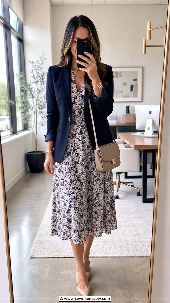 Navy Blazer with Midi Dress Business Casual - 25 Business casual outfits with blazer