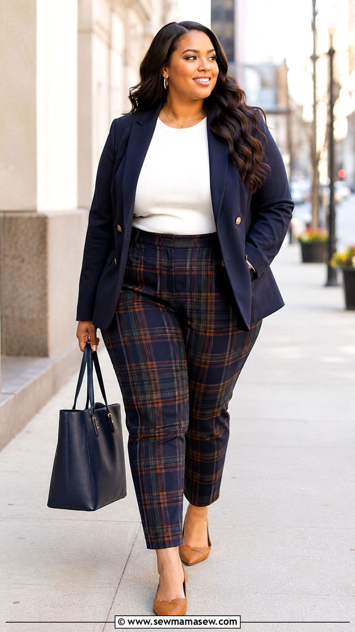 Navy Blazer with Plaid Trousers Outfit - 30 plus size office outfit ideas