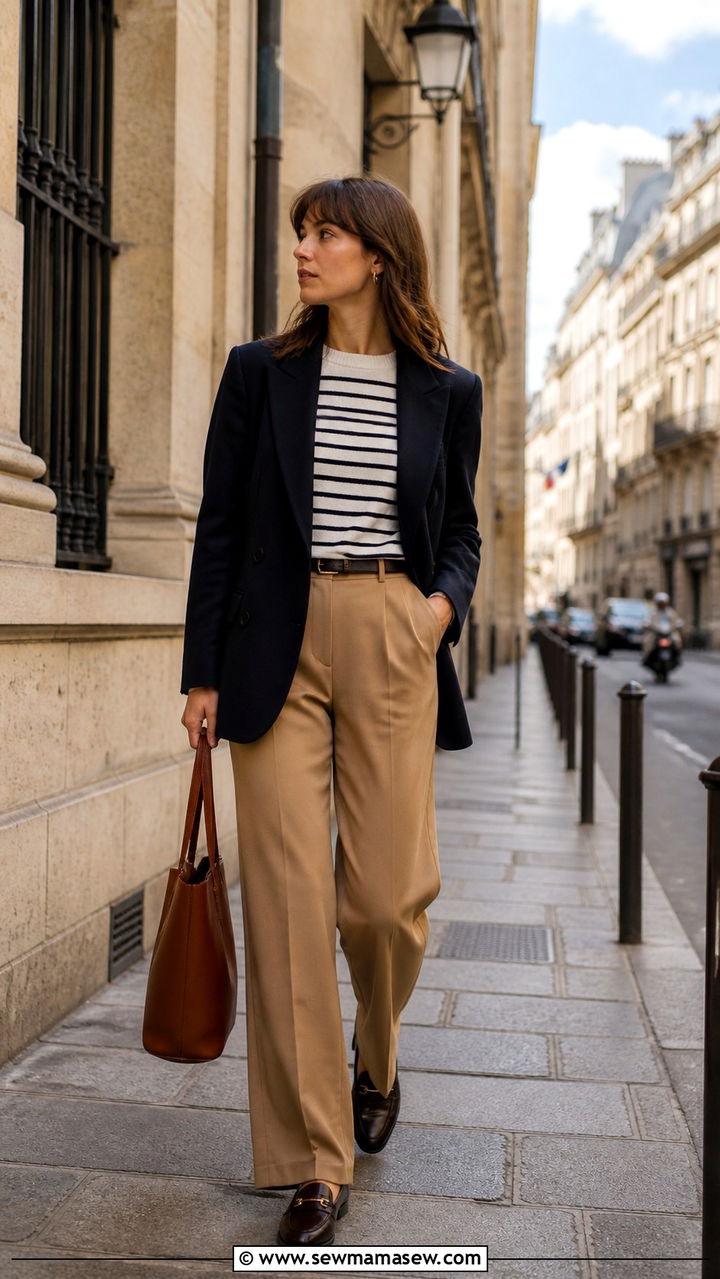 Navy Blazer with Striped Knit and Tan Trousers - 40 office outfits ideas