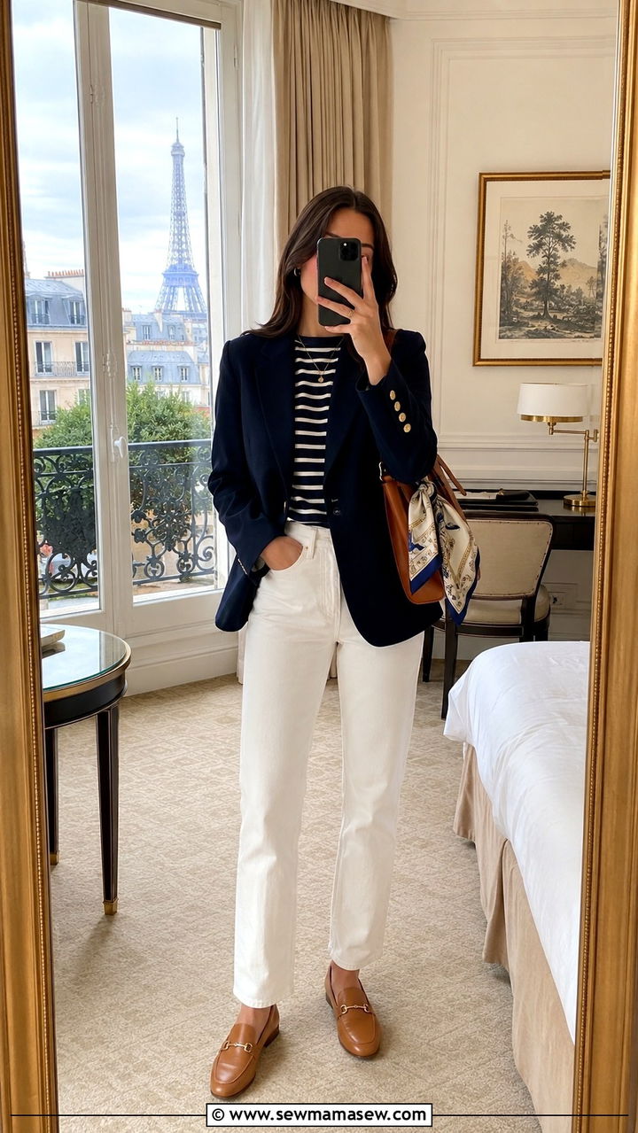 Navy Blazer with Striped Top and White Jeans - 30 spring paris trip outfit ideas