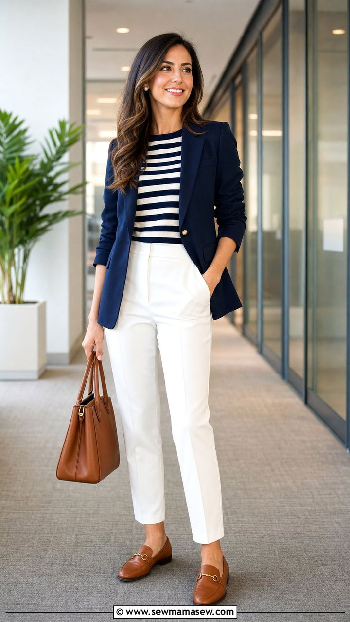 Navy Blazer with Striped Top and White Trousers - 25 Clean girl outfit ideas for work