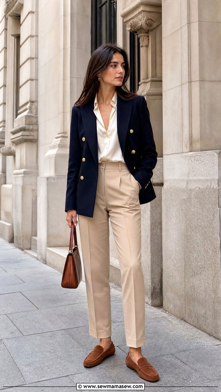 Navy Blazer with Tailored Trousers - 25 Old money outfit ideas with driving loafers
