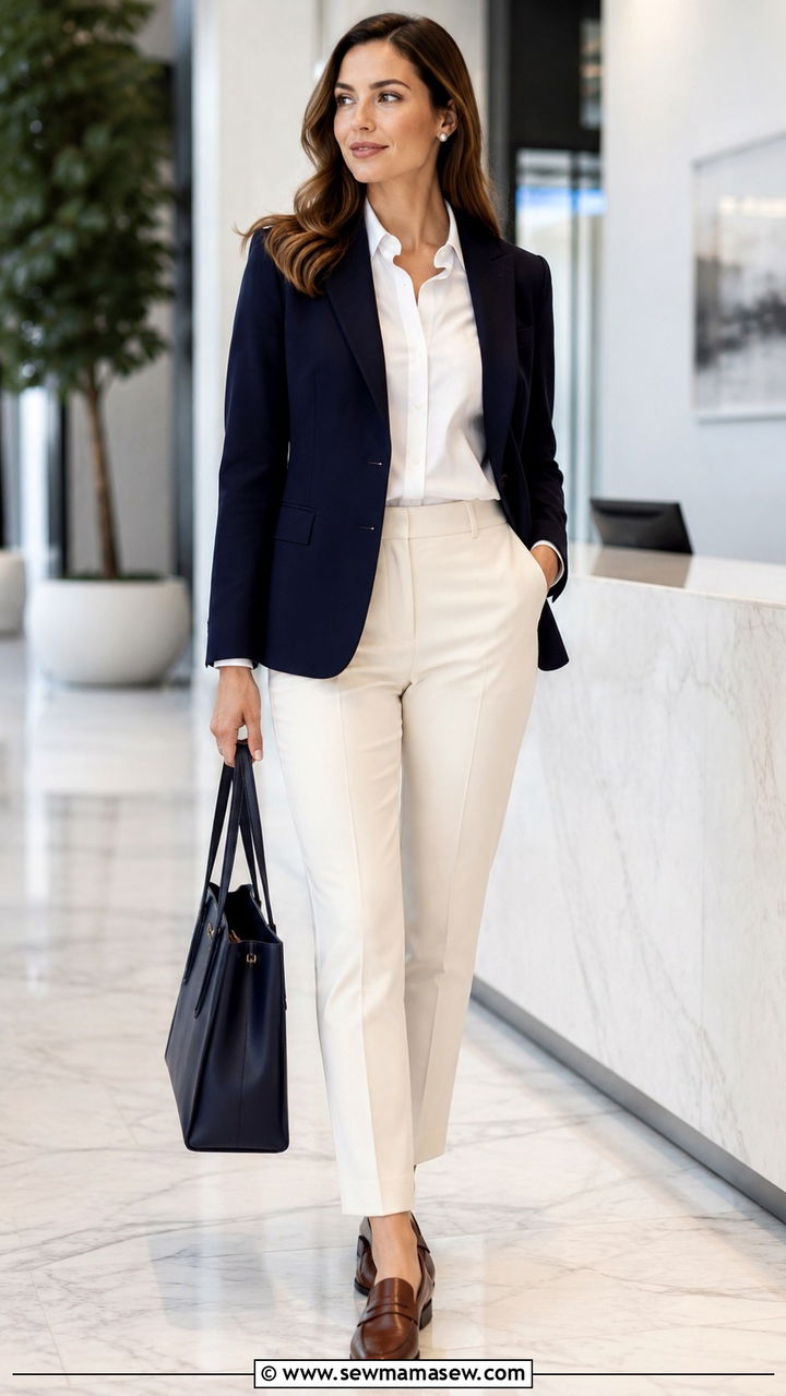 Navy Blazer with White Button Down and Cream Trousers - 20 Quiet luxury outfit ideas Brunello Cucinelli style