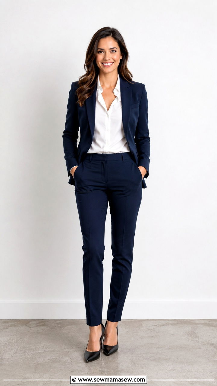 Navy Blazer with White Button Down and Tailored Trousers - 30 LinkedIn photo outfit ideas