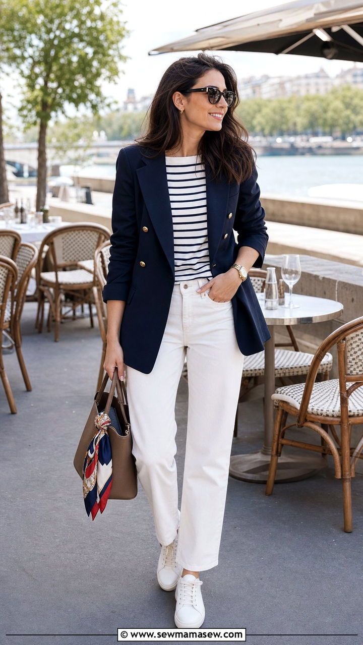 Navy Blazer with White Jeans and a Striped Boatneck Tee - 25 Summer capsule wardrobe Parisian