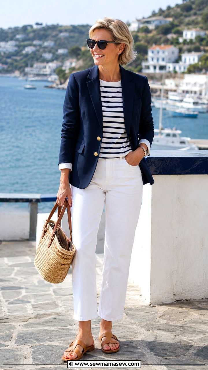 Navy Blazer with White Jeans and a Striped Top - 30 Sophisticated outfit ideas for women over 40