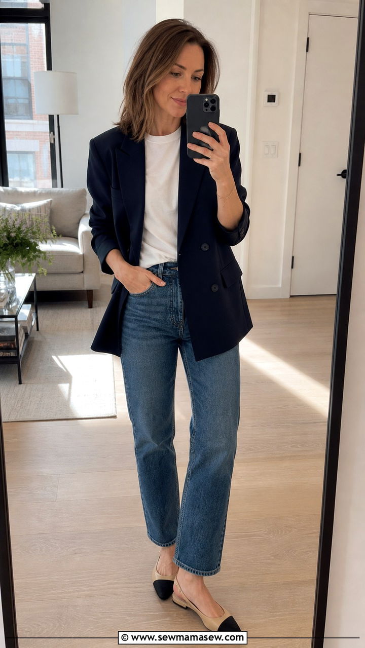 Navy Blazer with White Tee and Straight Leg Denim - 20 40 year old woman outfit ideas