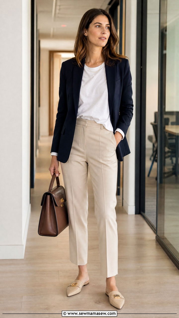 Navy Blazer with White Tee and Tailored Trousers - 35 French girl summer outfit ideas
