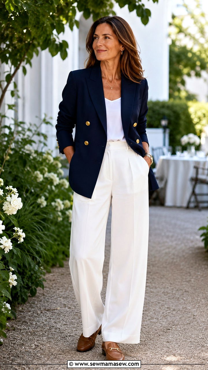 Navy Blazer with White Trousers Outfit - 30 Modest outfit ideas for women over 40