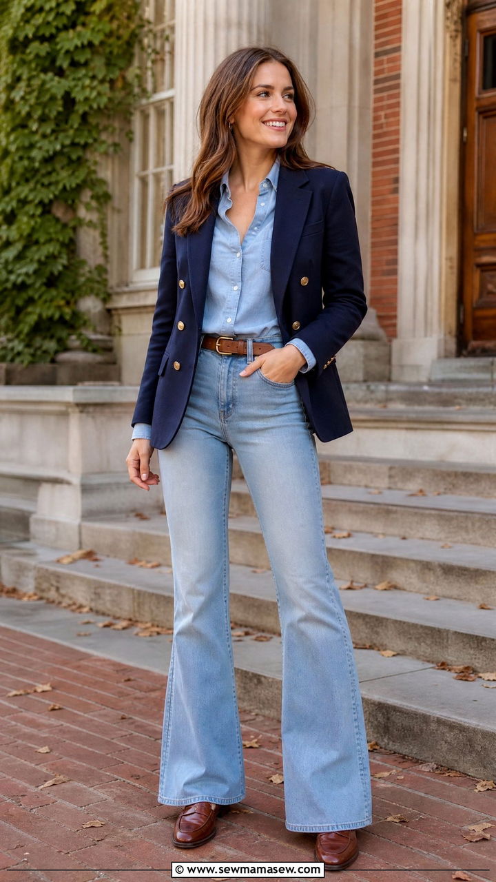 Navy Blazer with a Chambray Shirt and Light Blue Flare Jeans - 30 Flare jeans outfit ideas with a blazer