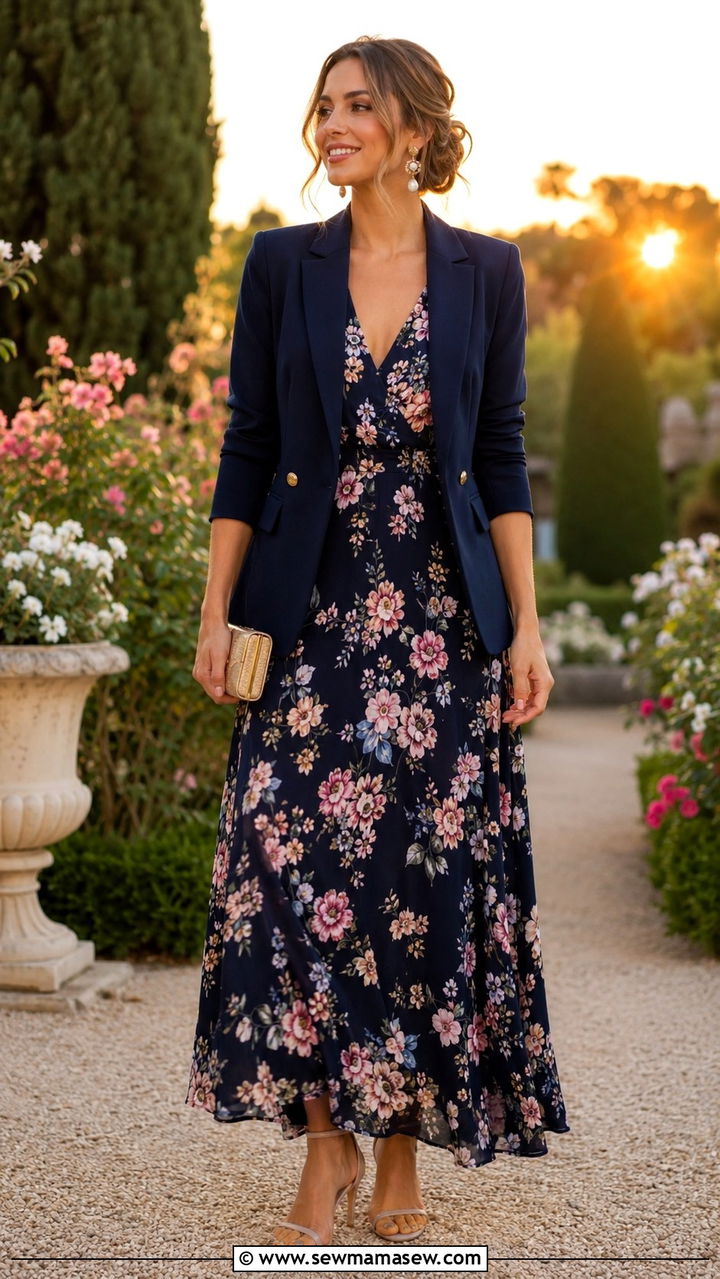 Navy Blazer with a Floral Maxi Dress and Strappy Sandals - 30 spring outfits 2026 women classy