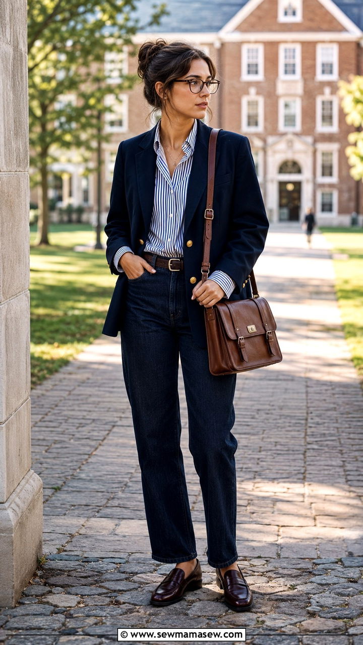 Navy Blazer with a Striped Shirt and Dark Denim - 25 Modest outfit ideas spring 2026