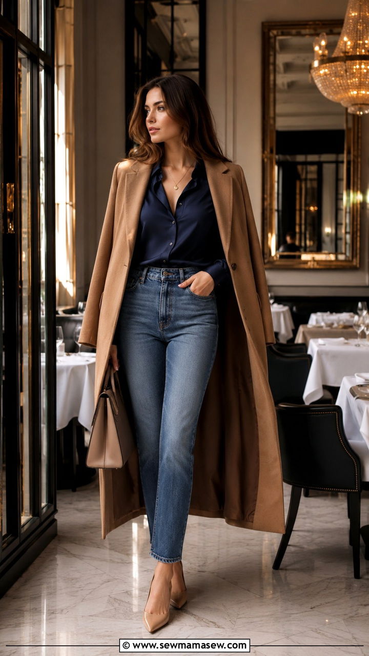 Navy Blouse and Heels with Jeans - 25 Old money outfit ideas with jeans