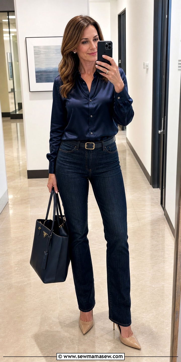 Navy Blouse with Straight Leg Jeans for Work - 25 straight leg jeans outfits for women over 40