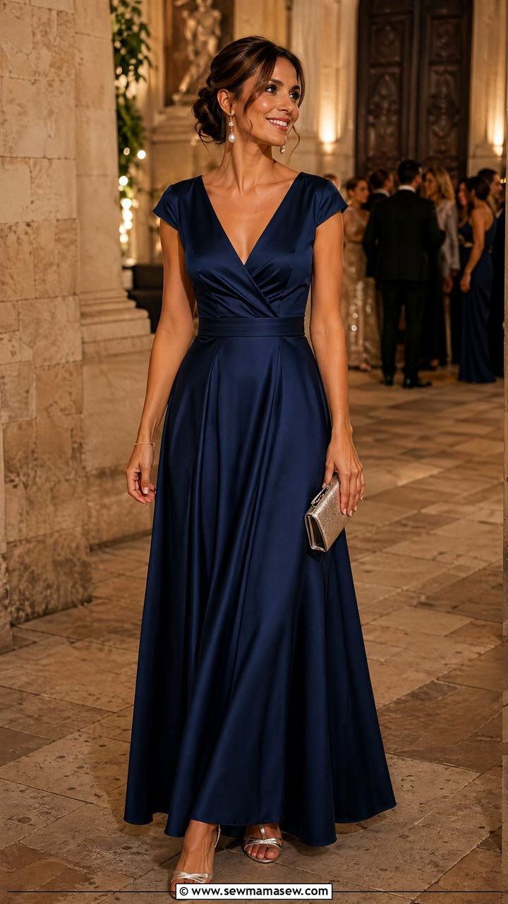 Navy Blue A Line Maxi Gown with Silver Accessories - 35 Evening wedding guest outfits