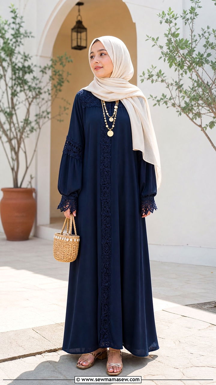 Navy Blue Abaya with Metallic Sandals - 30 Eid outfit ideas for teens