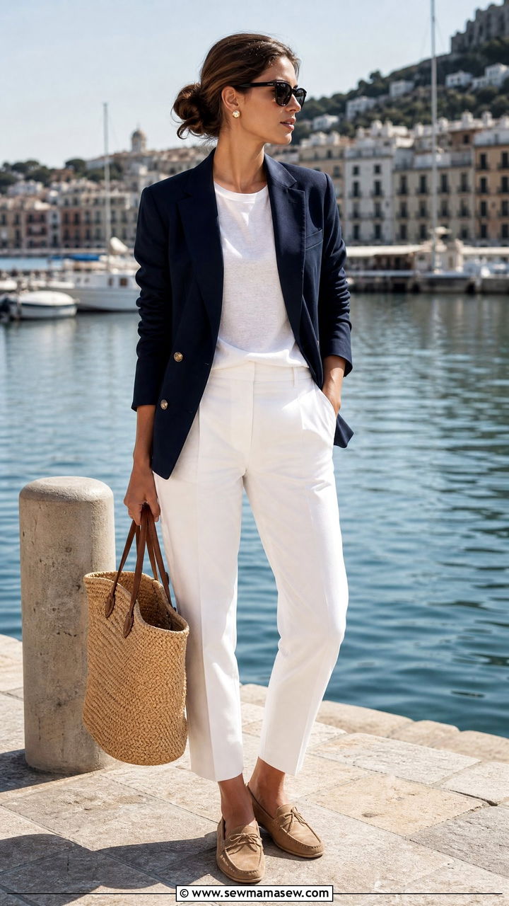 Navy Blue Blazer With White Cropped Trousers - 30 Summer outfits in navy blue