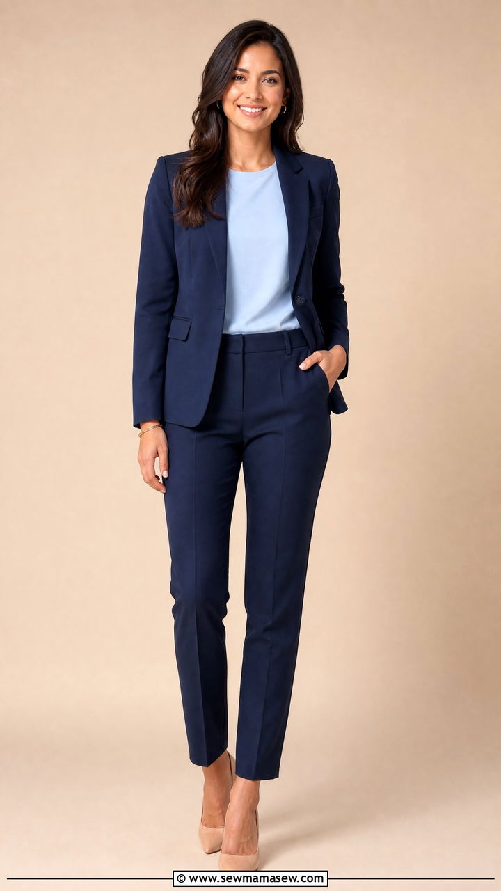 Navy Blue Blazer with Light Blue Top - 30 Professional headshot outfit ideas for women