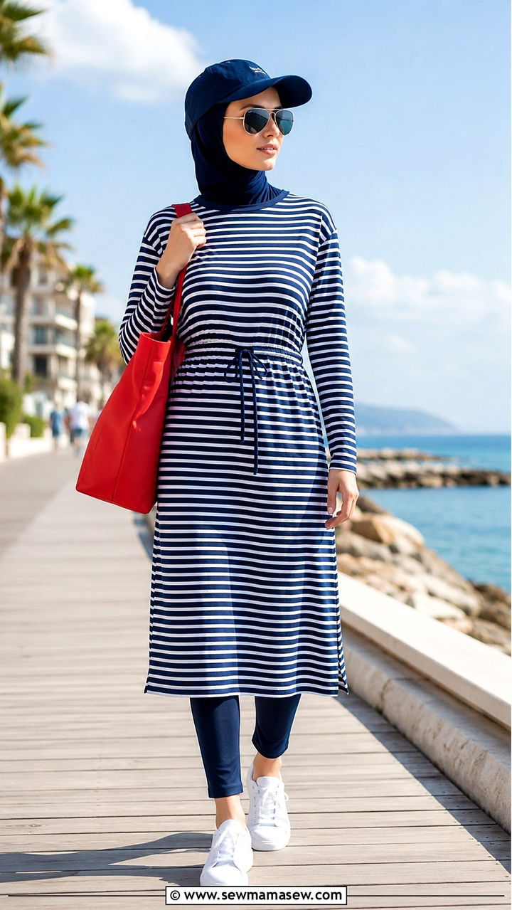 Navy Blue Burkini With Striped Beach Dress - 20 Burkini outfit ideas