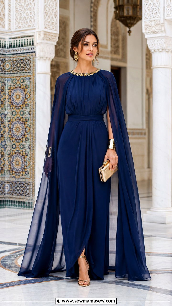 Navy Blue Cape Dress with Gold Cuffs - 25 Wedding guest outfit ideas Moroccan wedding