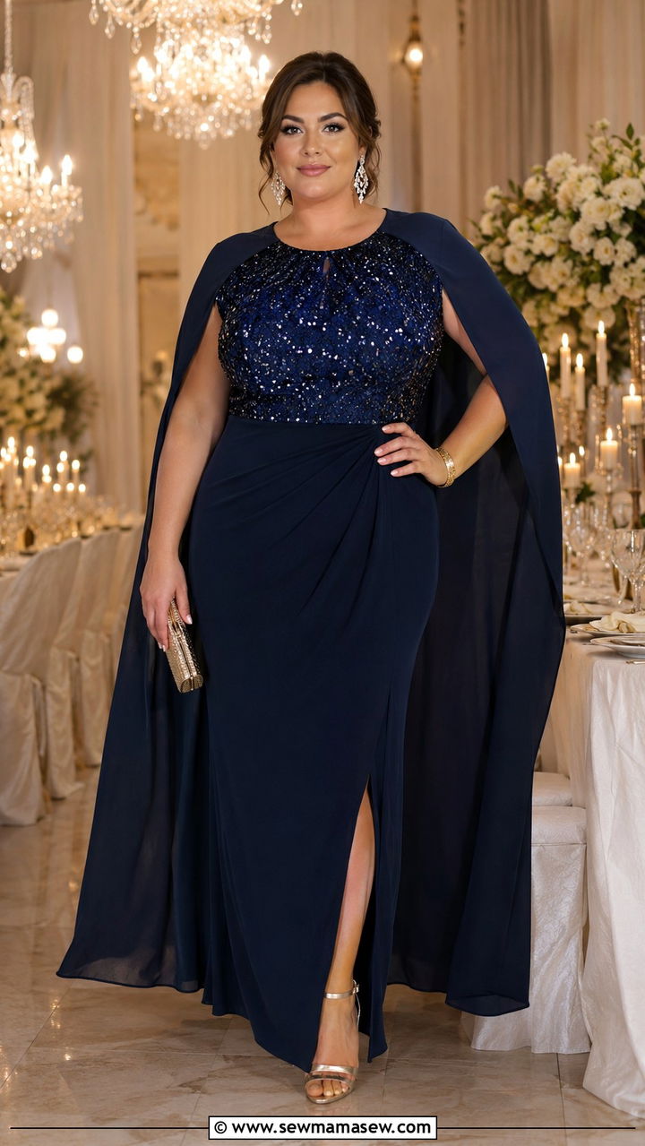Navy Blue Cape Gown with Sequin Bodice and Chandelier Earrings - 30 Plus size wedding guest outfits spring