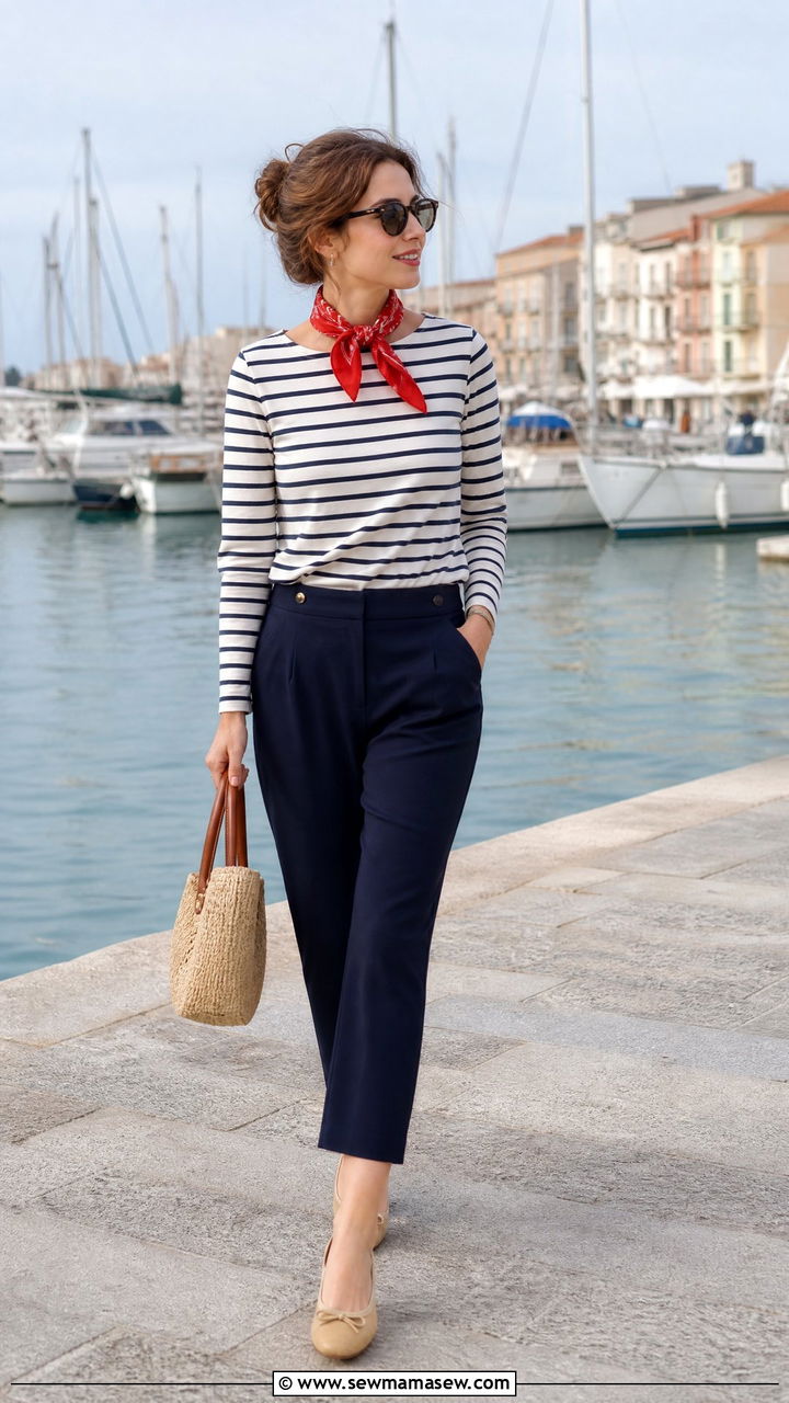 Navy Blue Cropped Trousers With Sailor Stripe Top - 30 Summer outfits in navy blue