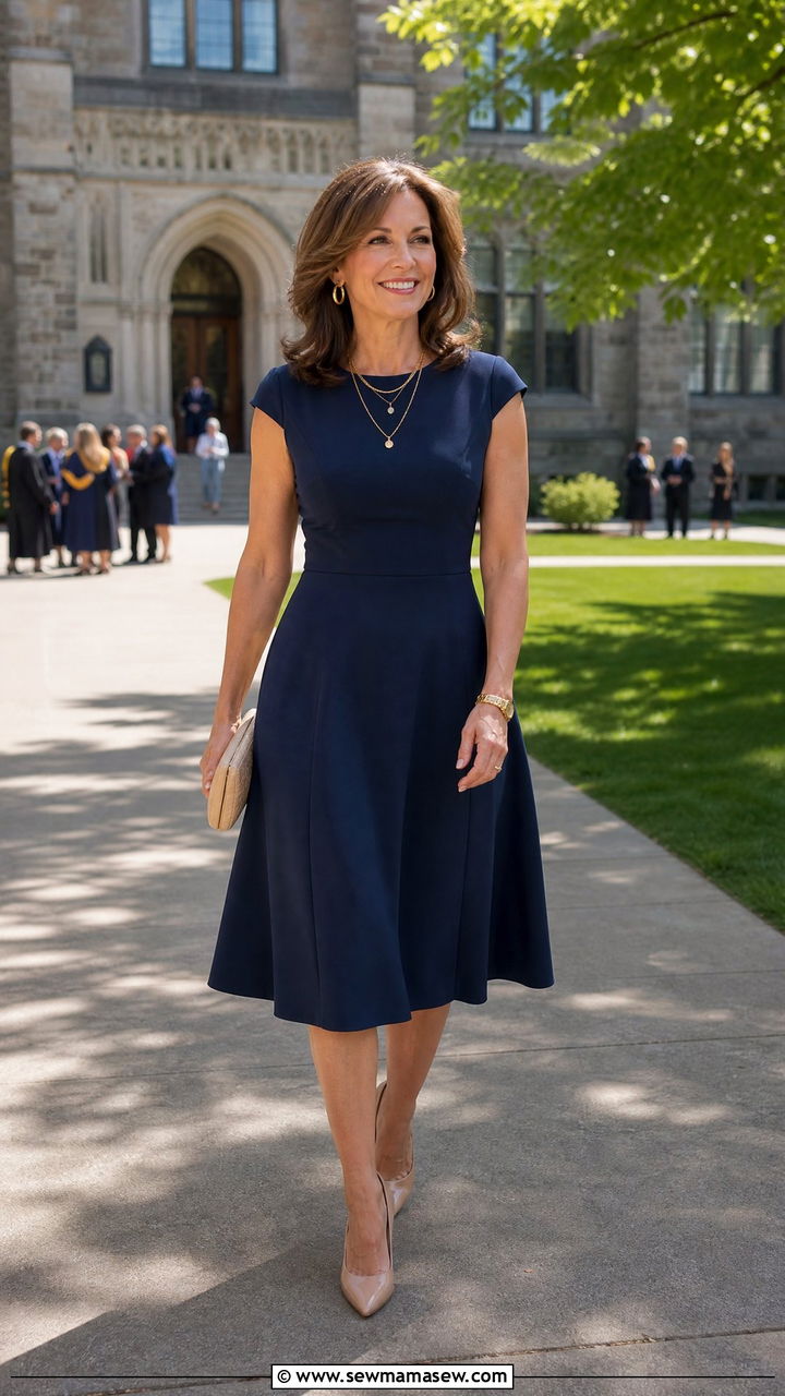Navy Blue Dress With Nude Heels For Graduation - 35 Graduation outfits for women over 40