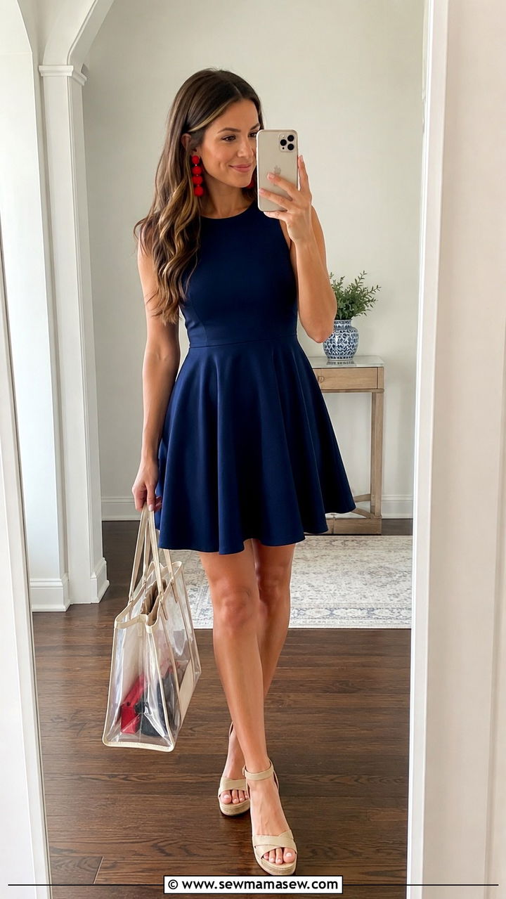 Navy Blue Dress with Red Earrings and Nude Wedges - 20 Gameday outfit ideas Ole Miss