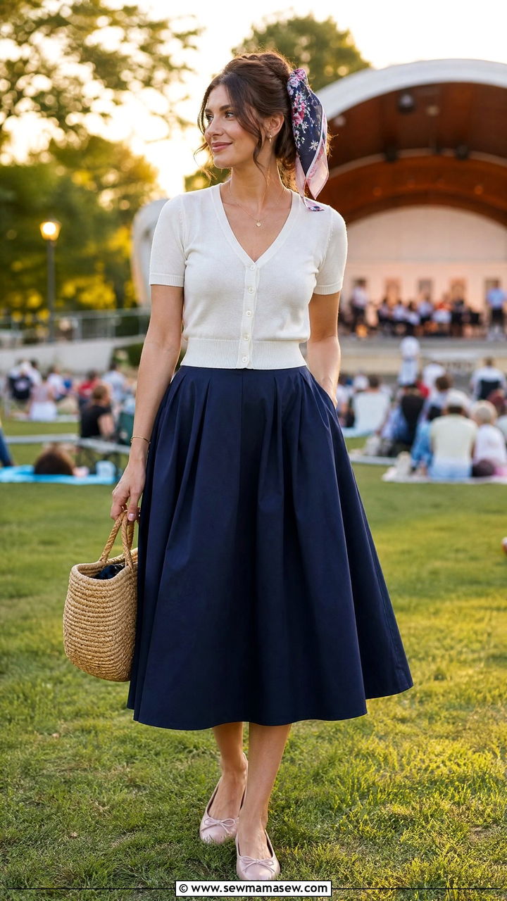 Navy Blue Full Midi Skirt With Fitted Cardigan - 30 Summer outfits in navy blue