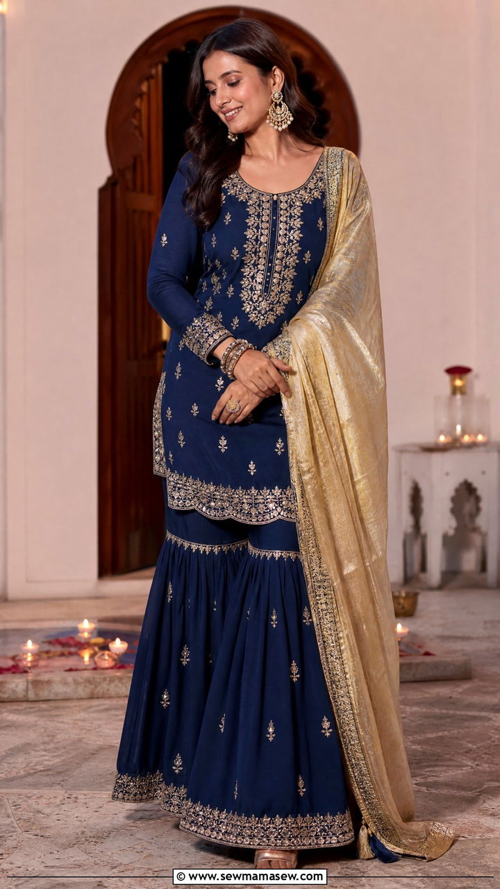 Navy Blue Gharara Set for Karwa Chauth - 25 Karwa Chauth outfit ideas