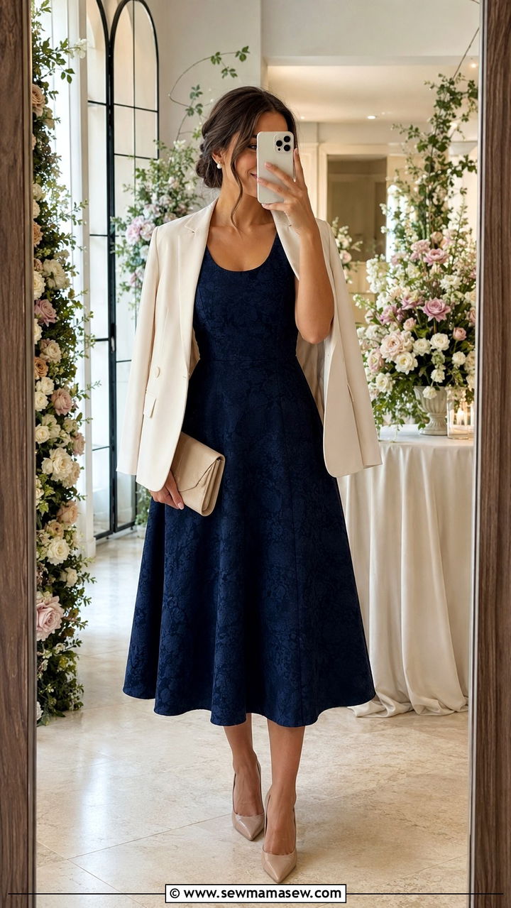Navy Blue Jacquard A line Midi Dress Wedding Guest - 25 Wedding guest outfit ideas jacquard dress