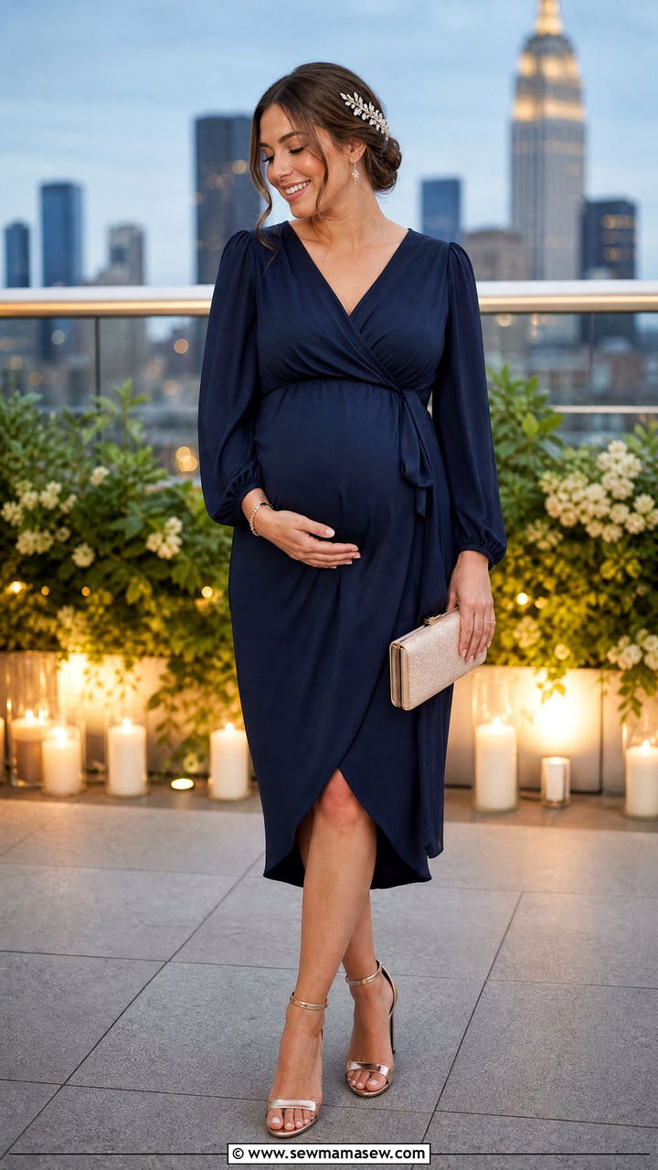 Navy Blue Jewel Tone Wrap Dress - 35 Maternity wedding guest outfits