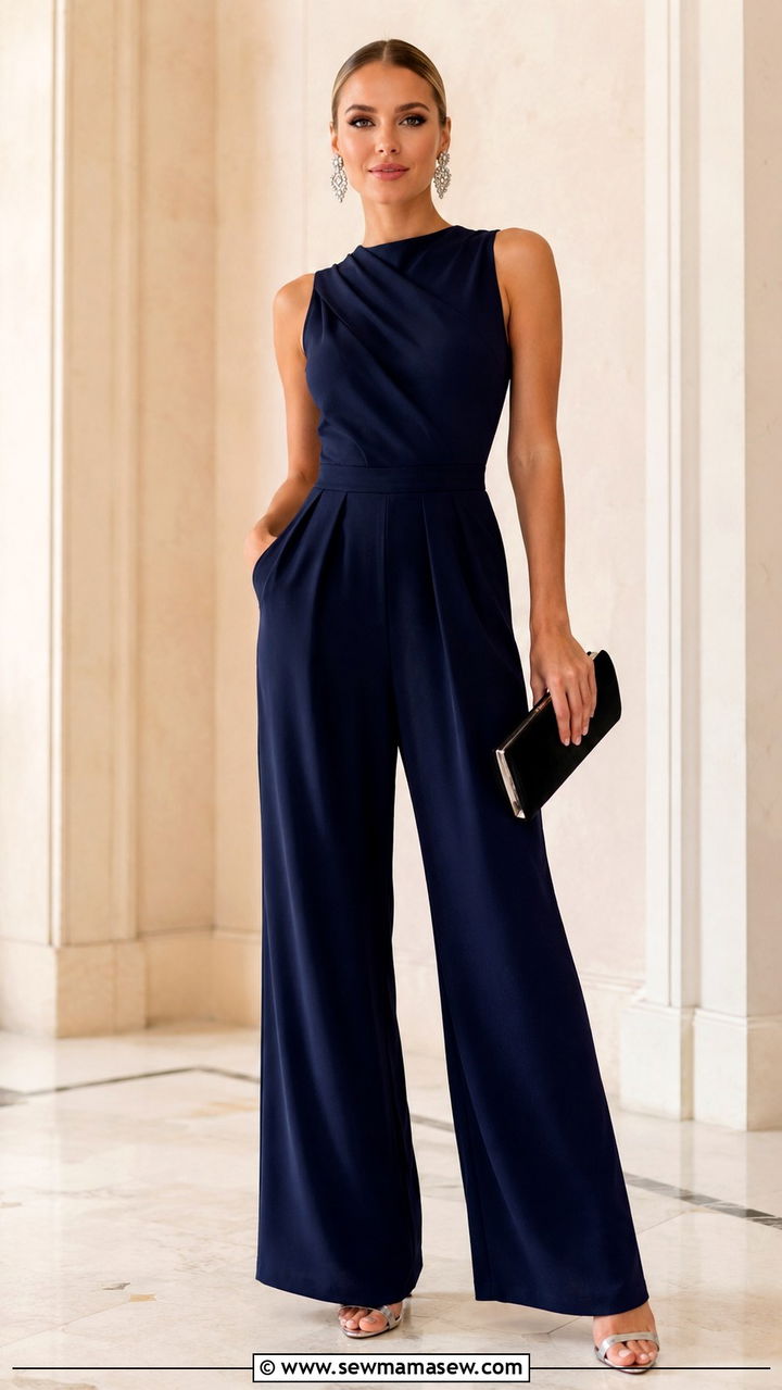 Navy Blue Jumpsuit With Statement Earrings - 30 transitional wedding guest outfit ideas