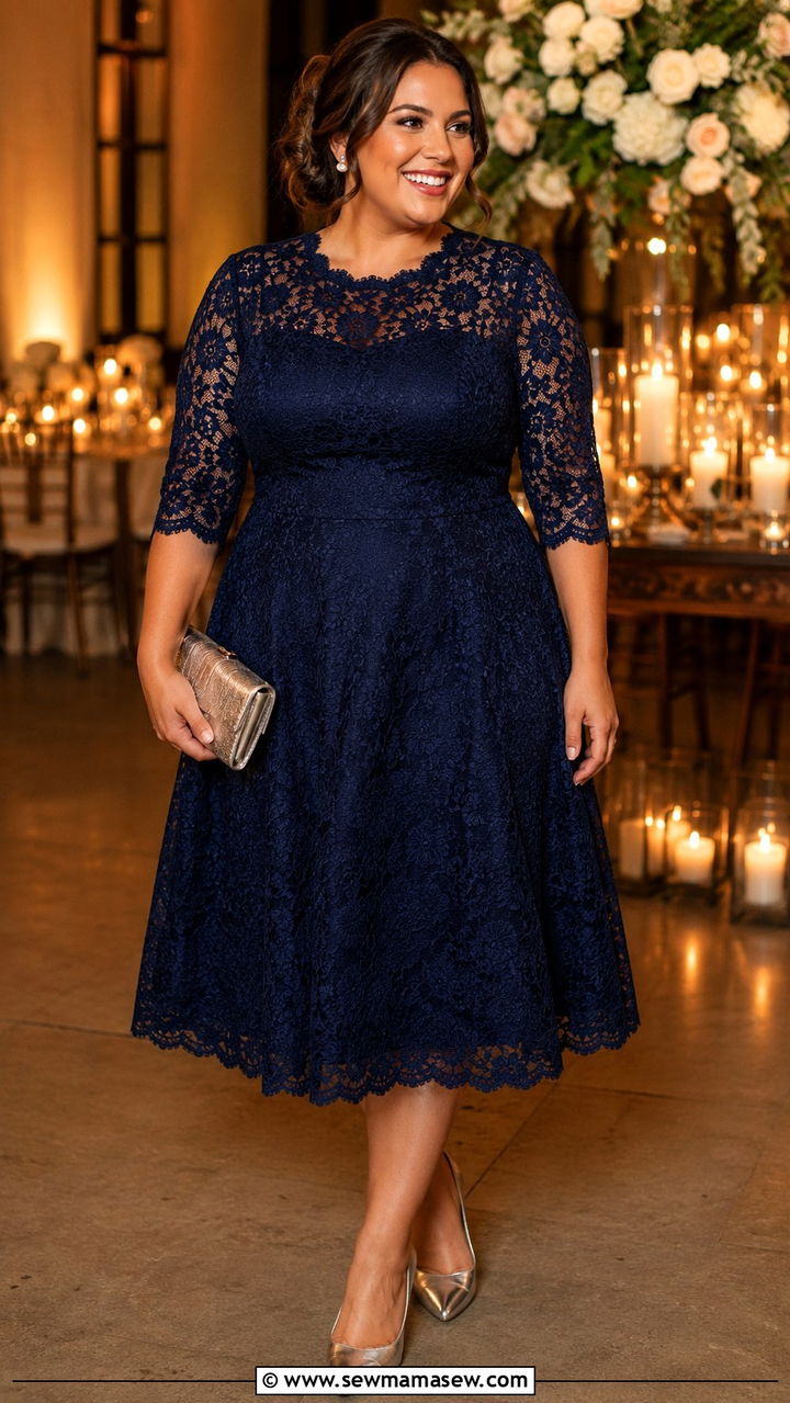 Navy Blue Lace Fit and Flare Dress with Silver Pumps - 30 Plus size wedding guest outfits spring