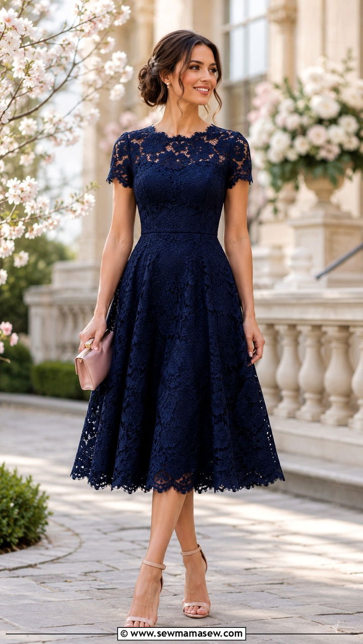 Navy Blue Lace Midi Dress Wedding - 25 seasonal spring wedding guest outfit ideas