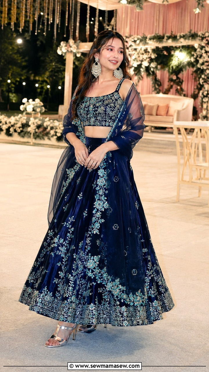 Navy Blue Lehenga Set With Seagreen Details - 25 Mehndi outfit ideas 2026