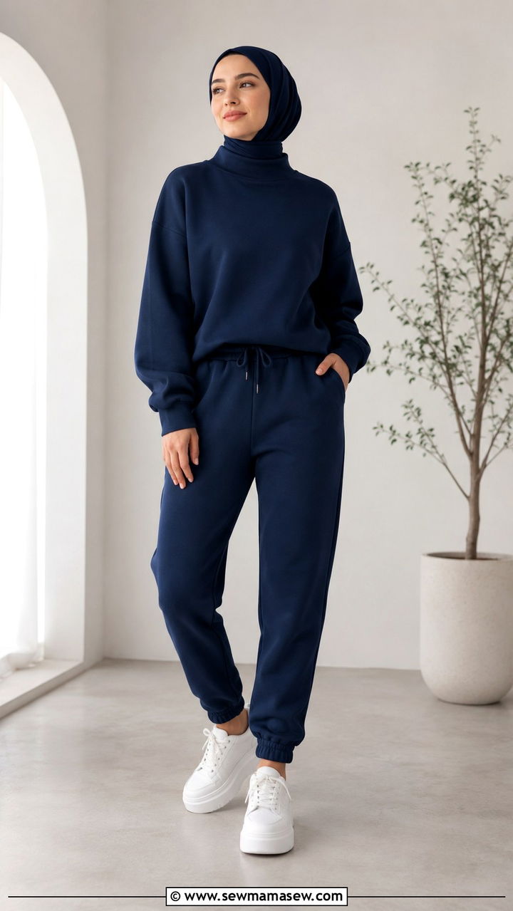 Navy Blue Matching Sweatshirt And Jogger Set - 25 Modest yoga outfit ideas with hijab