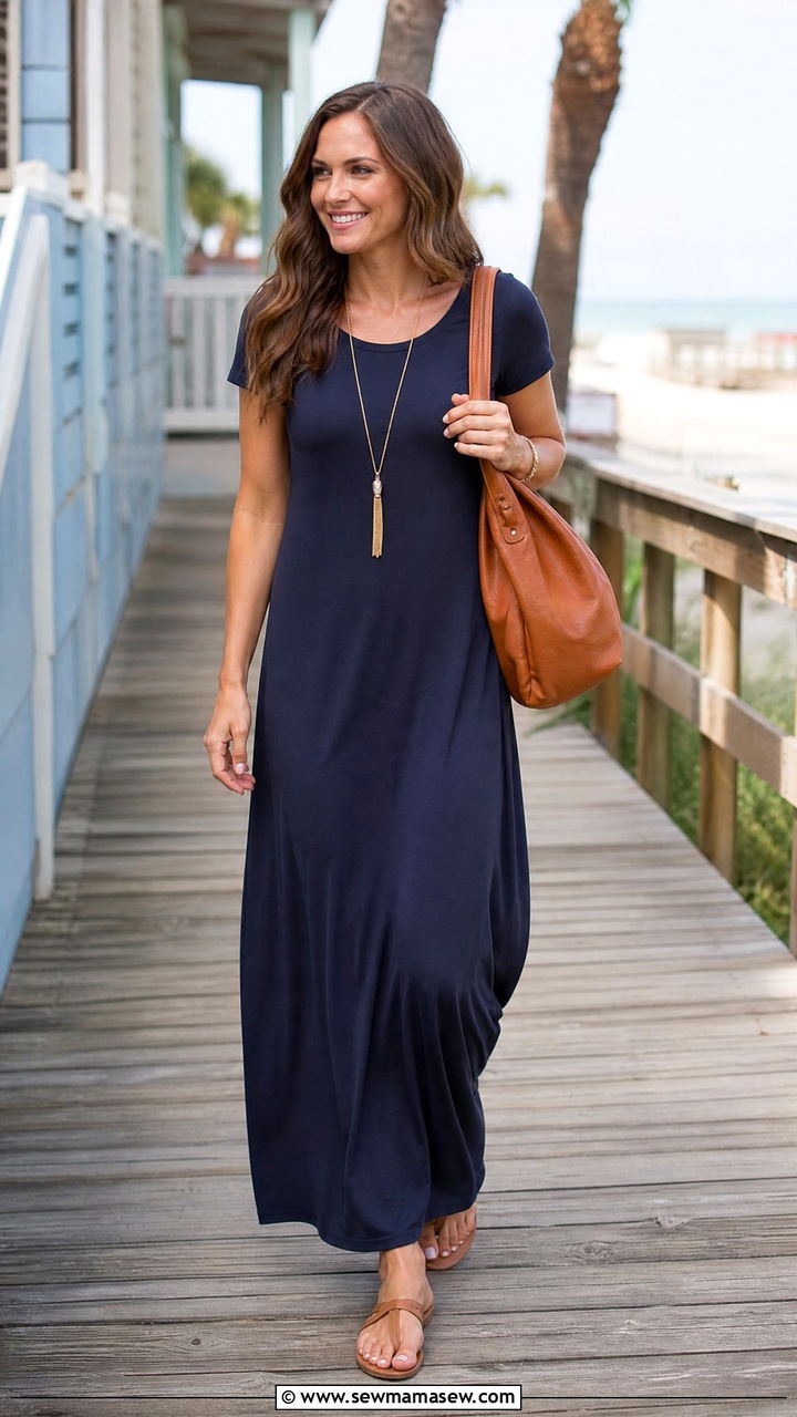 Navy Blue Maxi Dress with Flat Sandals - 30 summer navy outfit ideas