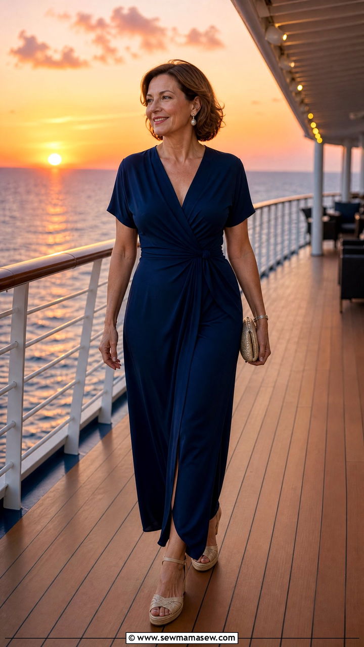 Navy Blue Maxi Dress with Nude Wedges - 30 Cruise formal night outfit ideas