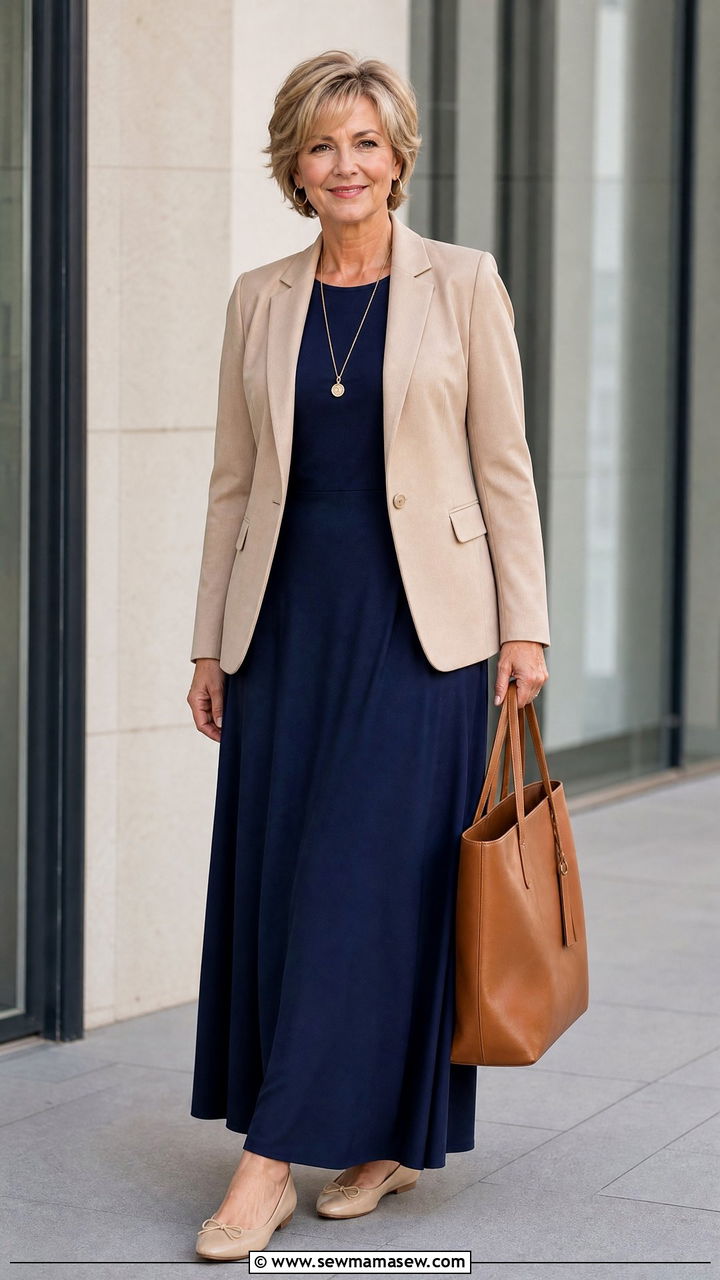 Navy Blue Maxi Dress with a Tailored Blazer and Ballet Flats - 30 Maxi dress for women over 50 outfit ideas
