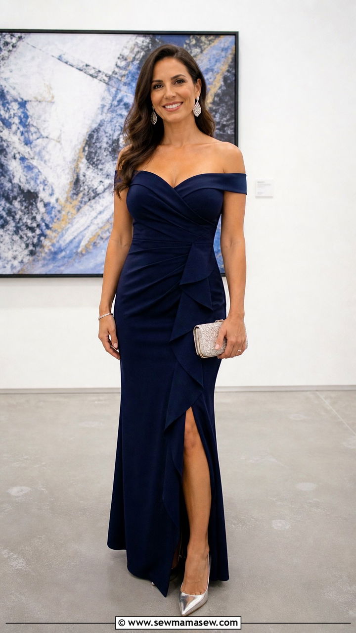 Navy Blue Off Shoulder Evening Gown - 40 Gala outfit ideas