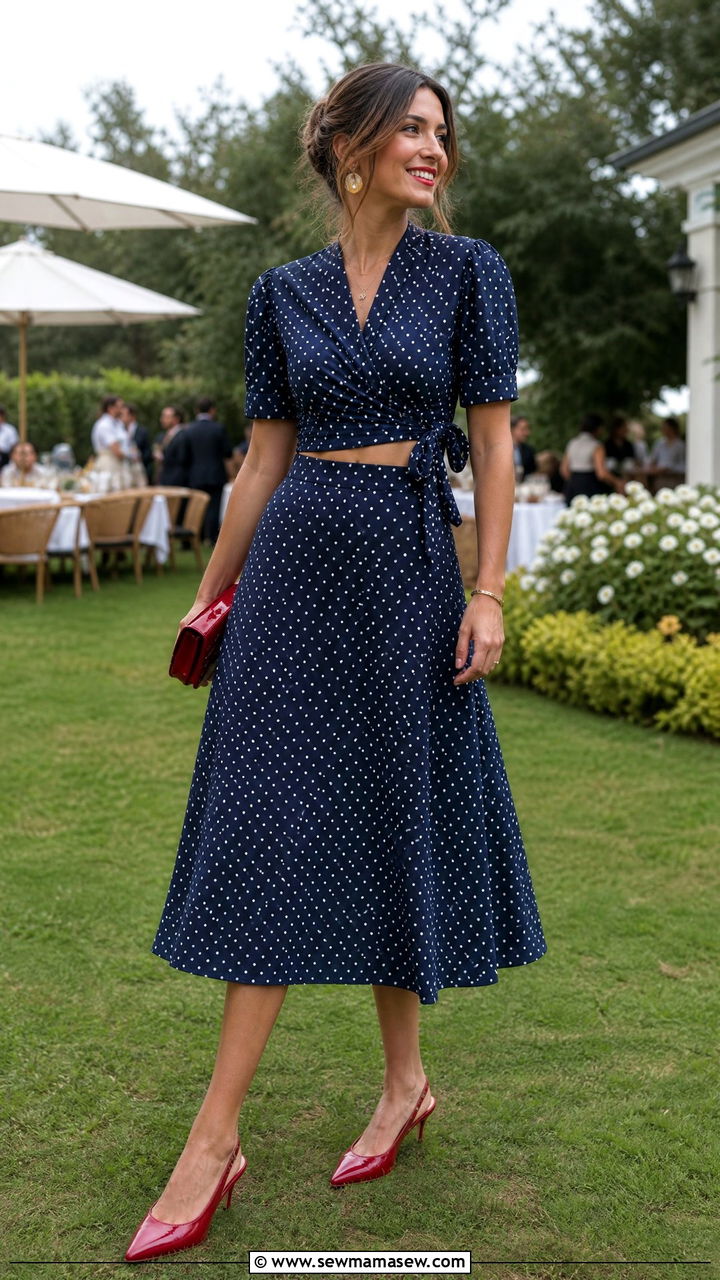 Navy Blue Polka Dot Two Piece Set - 35 Matching set outfit ideas for wedding guest