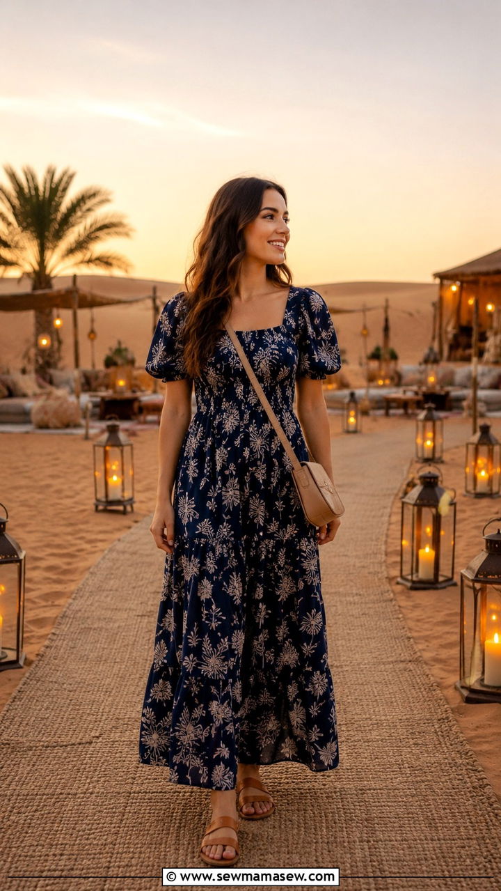 Navy Blue Printed Maxi Dress - 30 Dubai vacation outfit ideas modest
