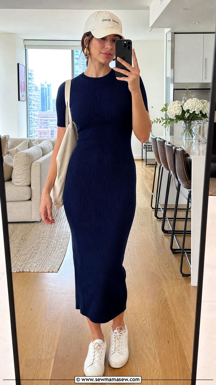 Navy Blue Ribbed Knit Dress With White Sneakers - 30 Summer outfits in navy blue