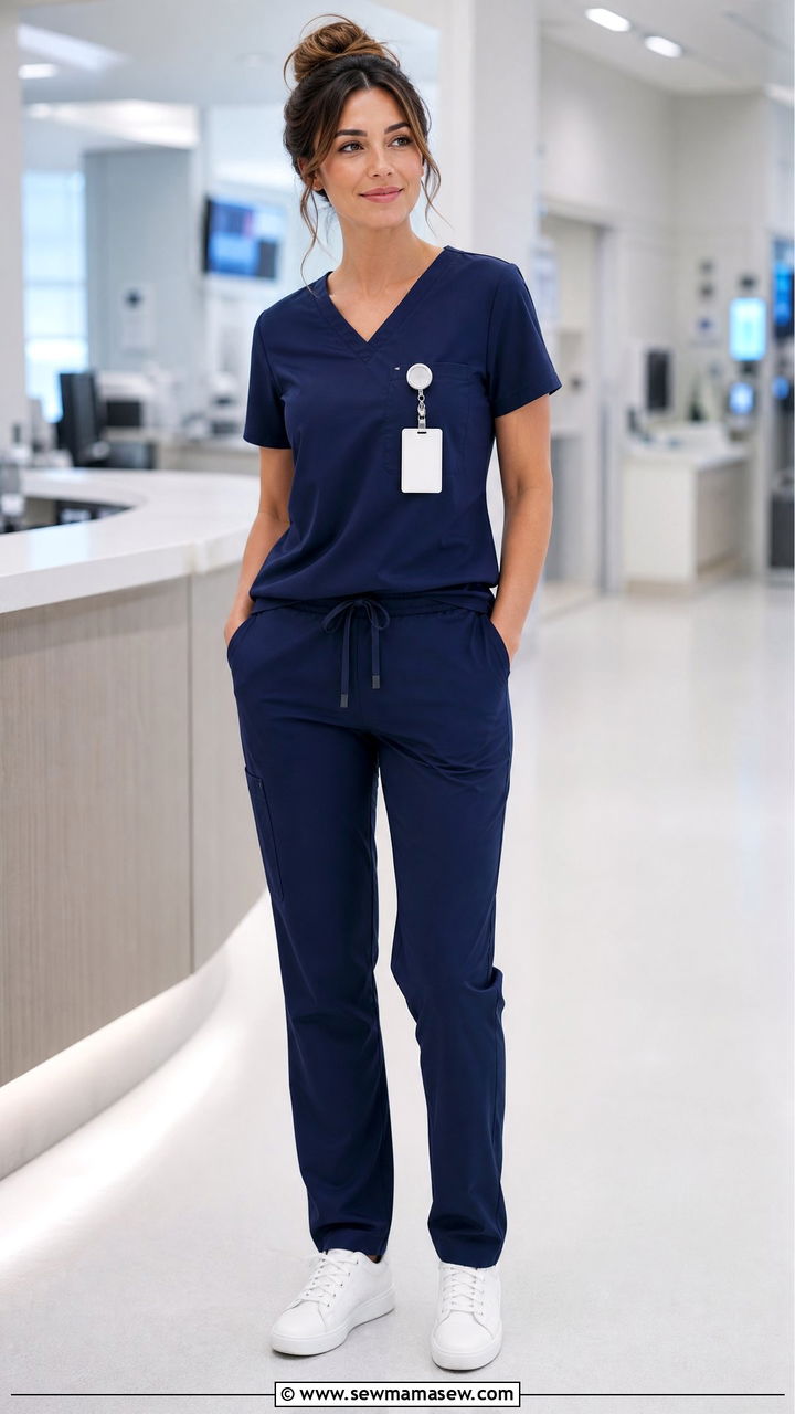Navy Blue Scrub Set With White Sneakers - 30 ER nurse outfit ideas